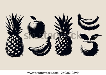 Hand-painted abstract pineapple, banana, and apple in black ink	