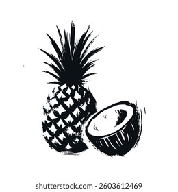 Hand-painted abstract pineapple and coconut in black ink