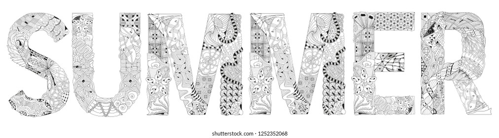 Hand-painted art design. Adult anti-stress coloring page. Black and white hand drawn illustration word SUMMER for coloring book, for anti stress, t-shirt design, tattoo and other decorations
