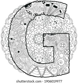 Hand-painted art design. Adult anti-stress coloring page. Black and white hand drawn illustration mandala with letter G for coloring book