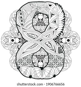 Hand-painted art design. Adult anti-stress coloring page. Black and white hand drawn illustration mandala with numero eight for coloring book