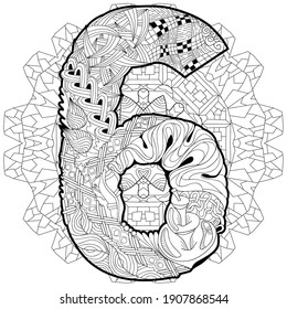 Hand-painted art design. Adult anti-stress coloring page. Black and white hand drawn illustration mandala with numero six for coloring book