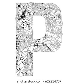 Hand-painted art design. Adult anti-stress coloring page. Black and white hand drawn illustration letter P for coloring book