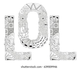 Hand-painted art design. Adult anti-stress coloring page. Black and white hand drawn illustration word LOL for coloring book