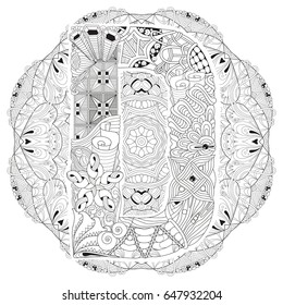 Hand-painted art design. Adult anti-stress coloring page. Black and white hand drawn illustration mandala with letter D for coloring book