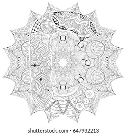 Hand-painted art design. Adult anti-stress coloring page. Black and white hand drawn illustration mandala with letter C for coloring book