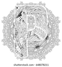 Hand-painted art design. Adult anti-stress coloring page. Black and white hand drawn illustration mandala with letter P for coloring book