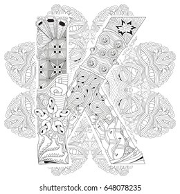 Hand-painted art design. Adult anti-stress coloring page. Black and white hand drawn illustration mandala with letter K for coloring book
