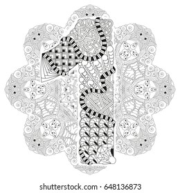 Hand-painted art design. Adult anti-stress coloring page. Black and white hand drawn illustration mandala with numero one for coloring book