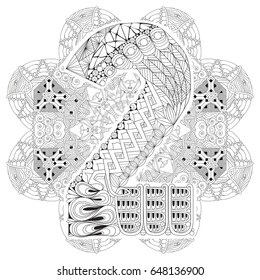 Hand-painted art design. Adult anti-stress coloring page. Black and white hand drawn illustration mandala with numero two for coloring book