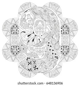 Hand-painted art design. Adult anti-stress coloring page. Black and white hand drawn illustration mandala with numero nine for coloring book