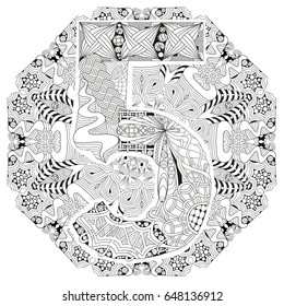 Hand-painted art design. Adult anti-stress coloring page. Black and white hand drawn illustration mandala with numero five for coloring book