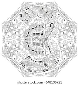 Hand-painted art design. Adult anti-stress coloring page. Black and white hand drawn illustration mandala with numero three for coloring book