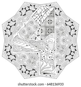 Hand-painted art design. Adult anti-stress coloring page. Black and white hand drawn illustration mandala with numero four for coloring book