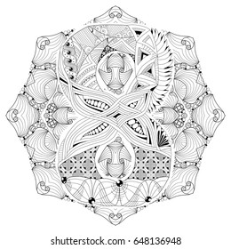 Hand-painted art design. Adult anti-stress coloring page. Black and white hand drawn illustration mandala with numero eight for coloring book