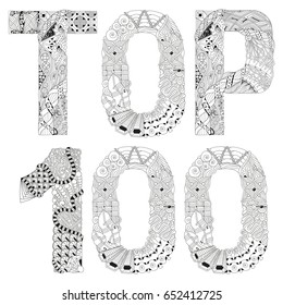 Hand-painted art design. Adult anti-stress coloring page. Black and white hand drawn illustration word TOP 100 for coloring book