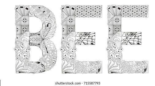 Hand-painted art design. Adult anti-stress coloring page. Black and white hand drawn illustration word BEE for coloring book