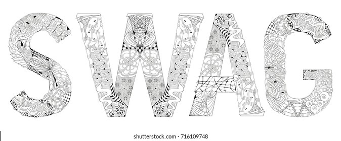 Hand-painted art design. Adult anti-stress coloring page. Black and white hand drawn illustration instatag SWAG for coloring book or t-shirt design
