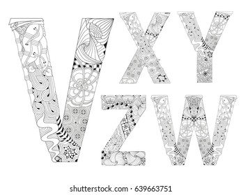 Hand-painted art design. Black and white hand drawn illustration alphabet. Part 5