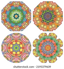 Hand-painted art design. Color hand drawn illustration set of 4 mandalas for decoration