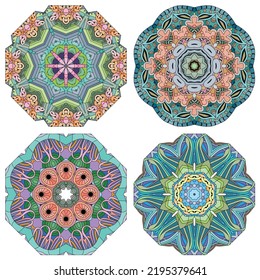 Hand-painted art design. Color hand drawn illustration set of 4 mandalas for decoration