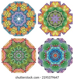 Hand-painted art design. Color hand drawn illustration set of 4 mandalas for decoration