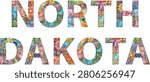 Hand-painted art design. Hand drawn illustration words North Dakota for t-shirt and other decoration. North Dakota is a landlocked U.S. state in the Upper Midwest, named after the indigenous Dakota and Sioux peoples