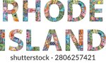 Hand-painted art design. Hand drawn illustration words Rhode Island for t-shirt and other decoration. Rhode Island is a state in the New England region of the Northeastern United States