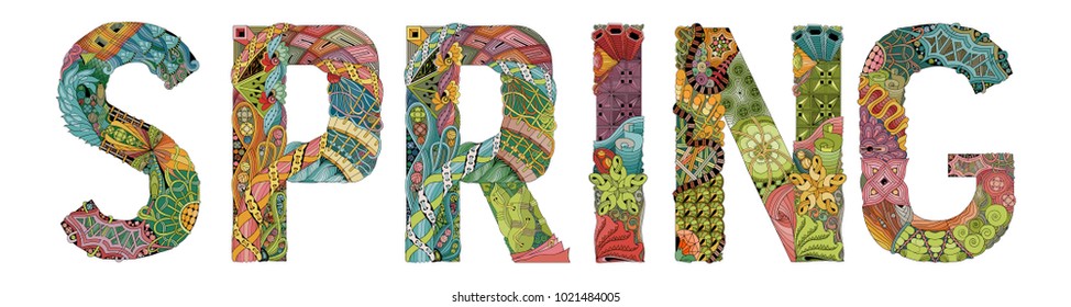 Hand-painted art design. Hand drawn illustration word SPRING for t-shirt and other decoration