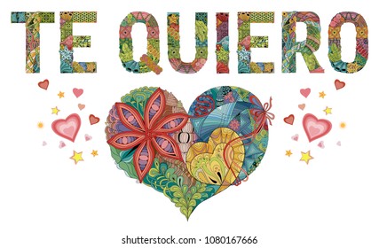 Hand-painted art design. Hand drawn illustration words TE QUIERO. I love you in Spanish for t-shirt and other decoration