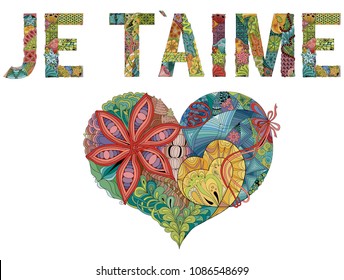 Hand-painted art design. Hand drawn illustration words JE T AIME. I love you in French for t-shirt and other decoration