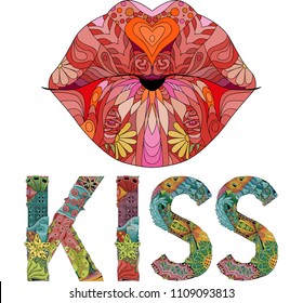 Hand-painted art design. Hand drawn illustration word KISS with lips silhouette for t-shirt and other decoration