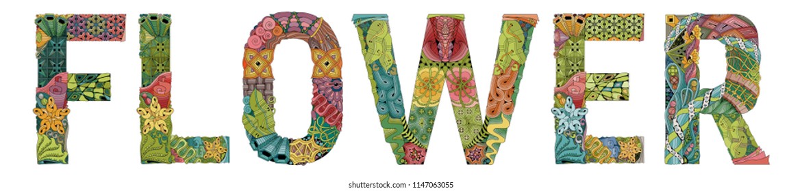 Hand-painted art design. Hand drawn illustration word FLOWER for t-shirt and other decoration