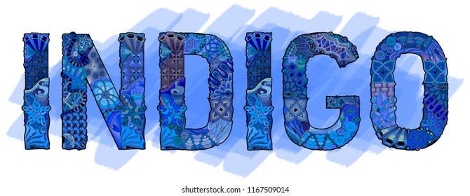 Hand-painted art design. Hand drawn illustration word INDIGO for t-shirt and other decoration
