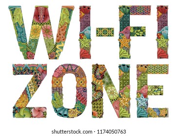 Hand-painted art design. Hand drawn illustration WI-FI ZONE for decoration