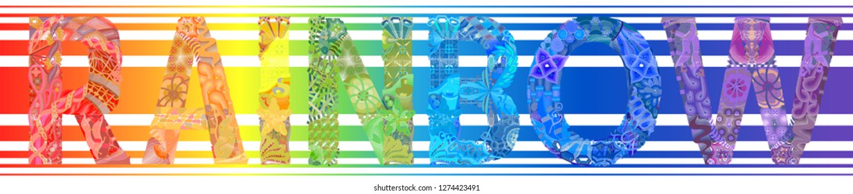 Hand-painted art design. Hand drawn illustration word rainbow for t-shirt and other decoration