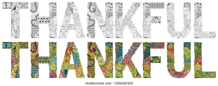 Hand-painted art design. Hand drawn illustration word THANKFUL for t-shirt and other decoration. Color and outline set