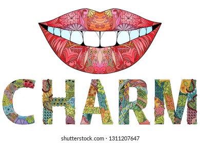 Hand-painted art design. Hand drawn illustration word CHARM with silhouette of lips for t-shirt and other decoration
