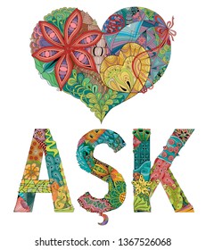 Hand-painted art design. Hand drawn illustration word ASK, love in Turkish for t-shirt