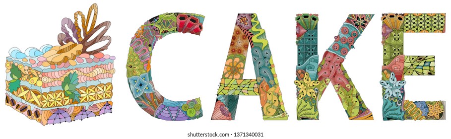 Hand-painted art design. Hand drawn illustration word CAKE with piece of cake for t-shirt and other decoration