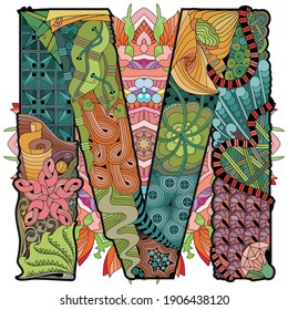 Hand-painted art design. Hand drawn illustration mandala with letter M for decoration
