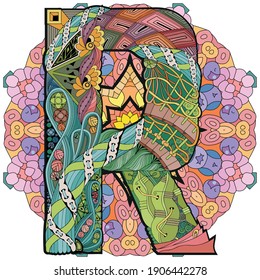 Hand-painted art design. Hand drawn illustration mandala with letter R for decoration