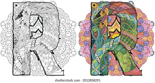 Hand-painted art design. Hand drawn illustration mandala with letter R for decoration. Colored and outline set