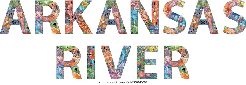 Hand-painted art design. Hand drawn illustration words Arkansas River for t-shirt and other decoration. The Arkansas River is a major tributary of the Mississippi River