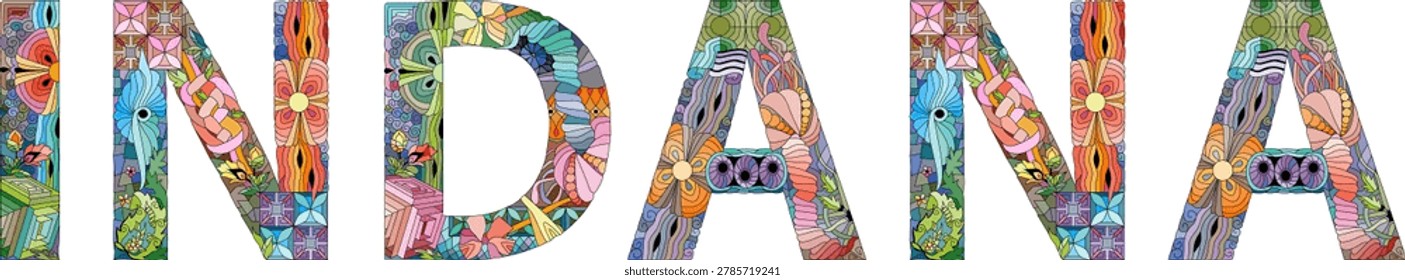 Hand-painted art design. Hand drawn illustration word Indiana for t-shirt and other decoration. Indiana is a state in the Midwestern region of the United States