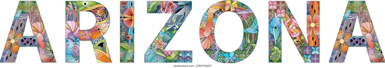Hand-painted art design. Hand drawn illustration word Arizona for t-shirt and other decoration. Arizona is a landlocked state in the Southwestern United State