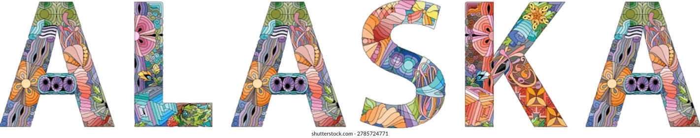 Hand-painted art design. Hand drawn illustration word Alaska for t-shirt and other decoration. Alaska is a non-contiguous U.S. state located in the northwestern regions of North America