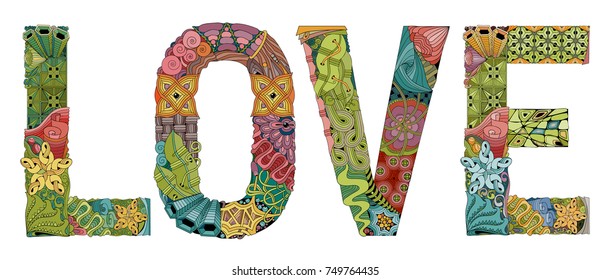 Hand-painted art design. Hand drawn illustration word LOVE for t-shirt