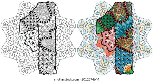 Hand-painted art design. Illustration mandala with numero one. Colored and outline set