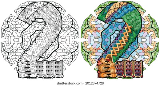 Hand-painted art design. Illustration mandala with numero two. Colored and outline set